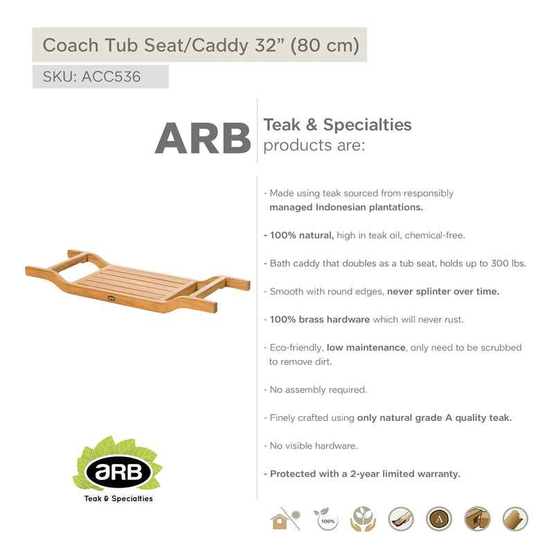 Teak Tub Seat/Caddy Coach 31.5" (80 cm)