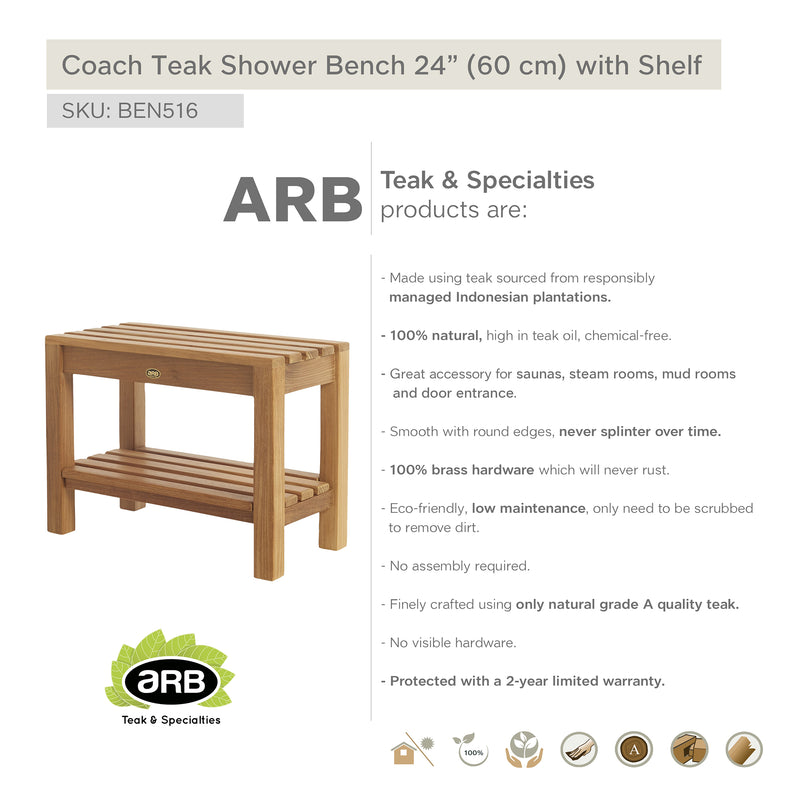 Teak Shower Bench Coach 24" (60 cm) with shelf