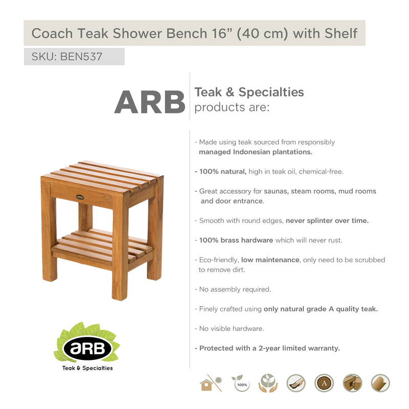 Teak Shower Bench Coach 16" (40 cm) with shelf