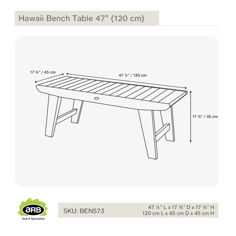 Table ou banc en teck Hawaii 120 cm (47 po)