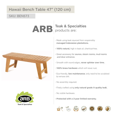 Table ou banc en teck Hawaii 120 cm (47 po)