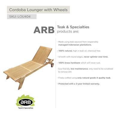 Teak Lounger Cordoba with Wheels - KD