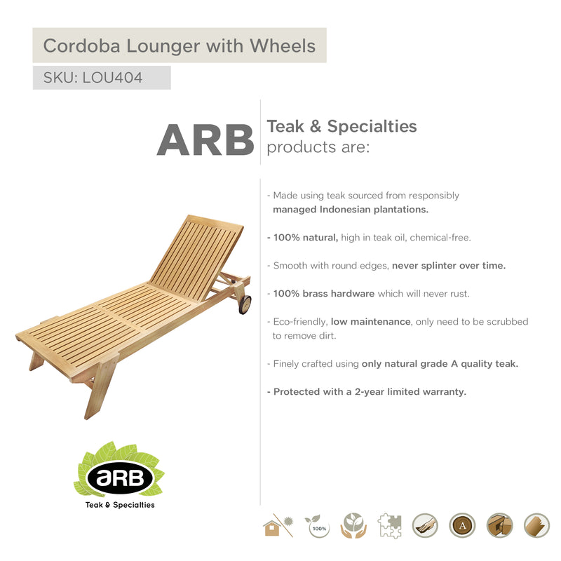 Teak Lounger Cordoba with Wheels - KD