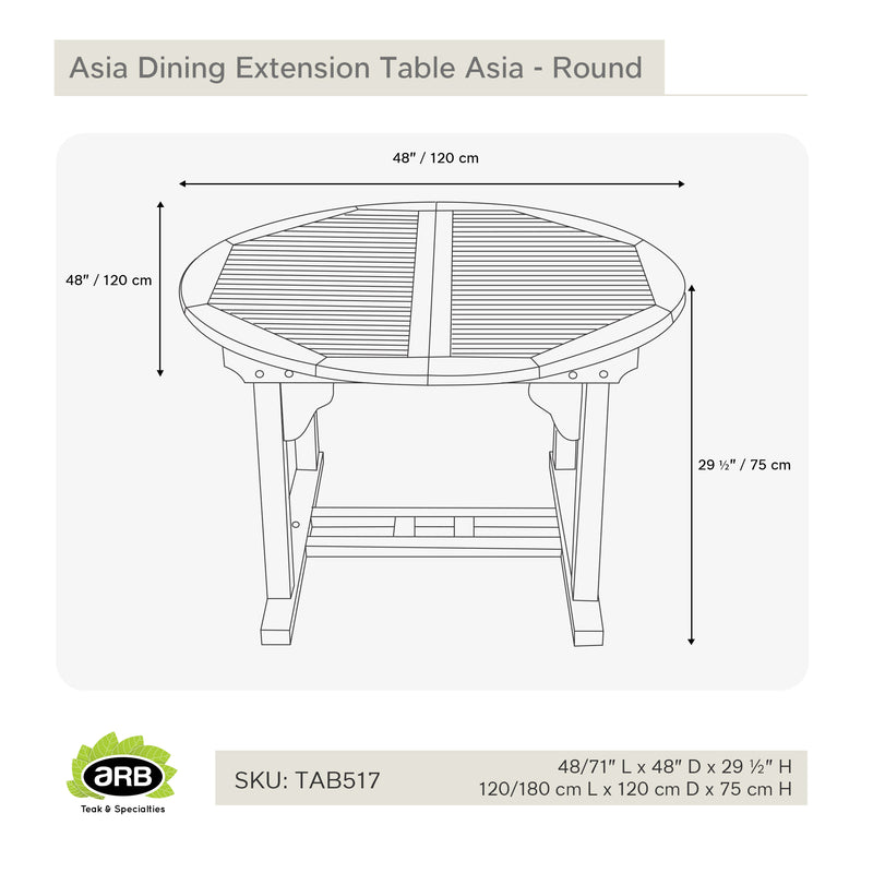 Table à extension en teck ronde Asia 120/180 cm (48/71 po)