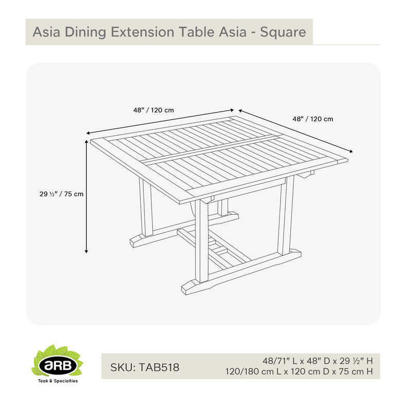 Teak Dining Extension Table Asia - Square 48/71 x 48" (120/180 x 120 cm)