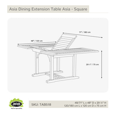 Table à extension en teck carrée Asia 120/180 cm (48/71 po)
