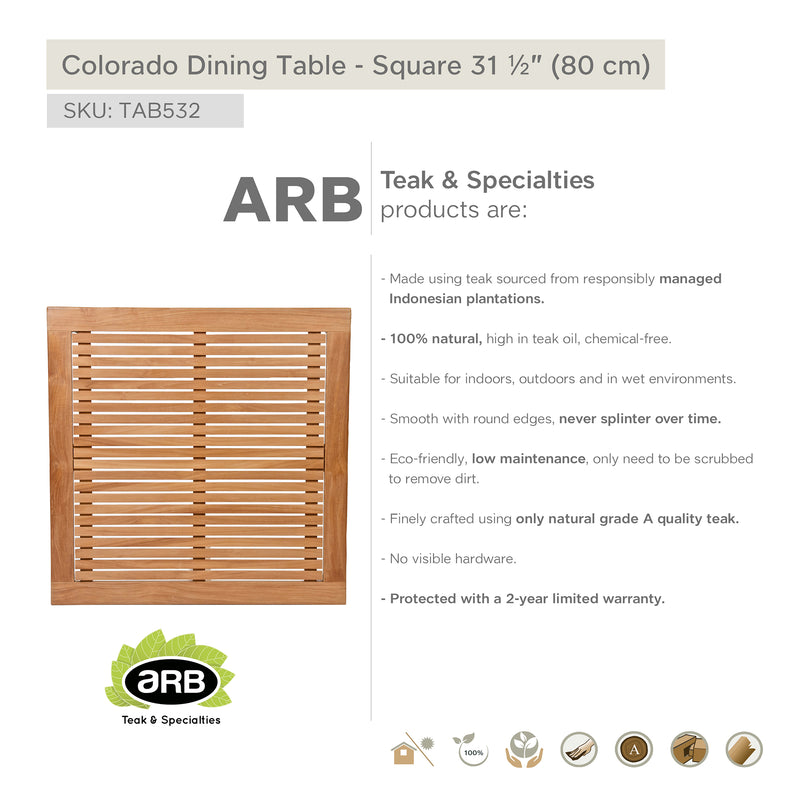 Table en teck carrée Colorado 80 cm (32 po)