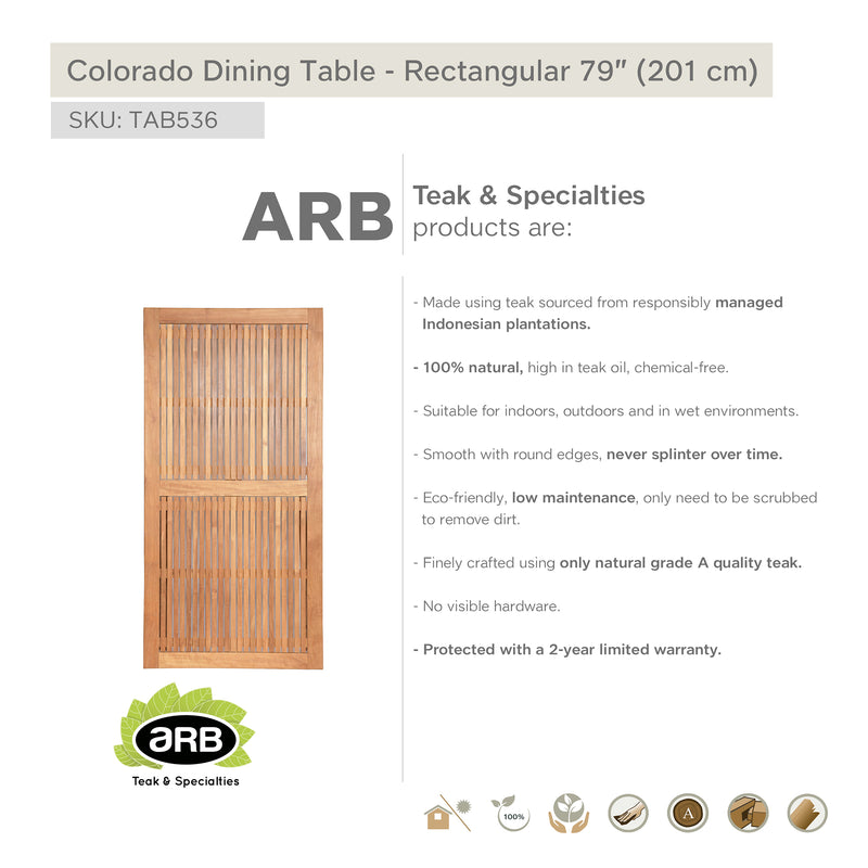 Teak Dining Table Colorado - Rectangular 79 x 40" (200 x 100 cm)