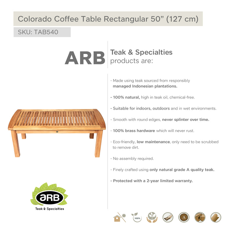 Table basse en teck Colorado - rectangulaire 125 x 60 cm (50 x 24 po)
