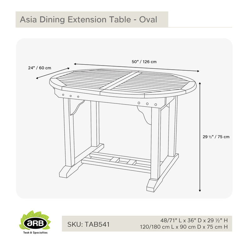 Teak Dining Extension Table Asia - Oval 48/71 x 36" (120/180 x 90 cm)