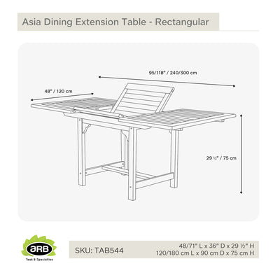 Table à extension en teck rectangulaire Asia 120/180 cm (48/71 po)