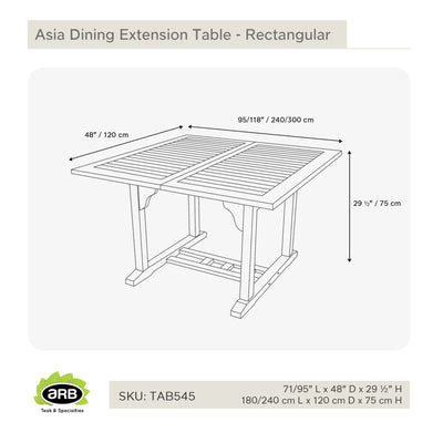 Teak Dining Extension Table Asia - Rectangular 71/95 x 48" (180/240 x 120 cm)