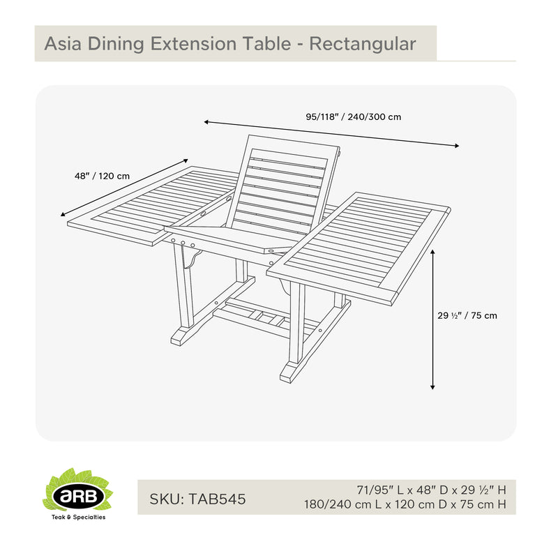 Table à extension en teck rectangulaire Asia 180/240 cm (71/95 po)