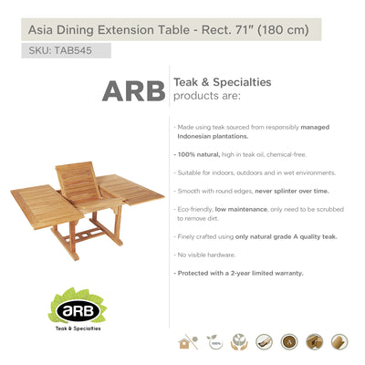Teak Dining Extension Table Asia - Rectangular 71"/95" (180/240 cm)