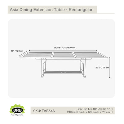 Teak Dining Extension Table Asia - Rectangular 95/118 x 48" (240/300 x 120 cm)