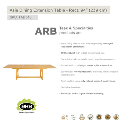 Table à extension en teck rectangulaire Asia 240/300 cm (95/118 po)