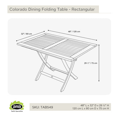 Table pliante en teck Colorado rectangulaire 120 x 80 cm (48 x 32 po)