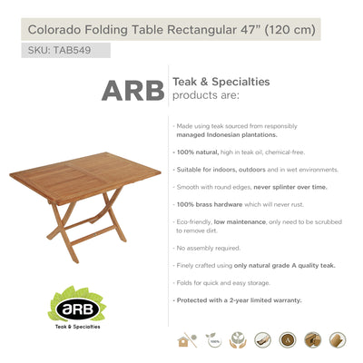 Table pliante en teck Colorado rectangulaire 120 x 80 cm (48 x 32 po)
