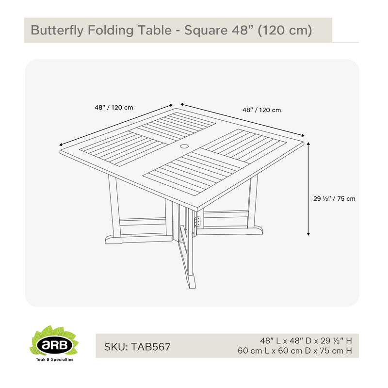 Table pliante papillon en teck carrée 120 cm (48 po)