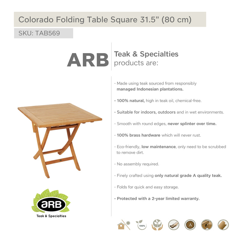 Table pliante en teck Colorado carrée 80 cm (32 po)