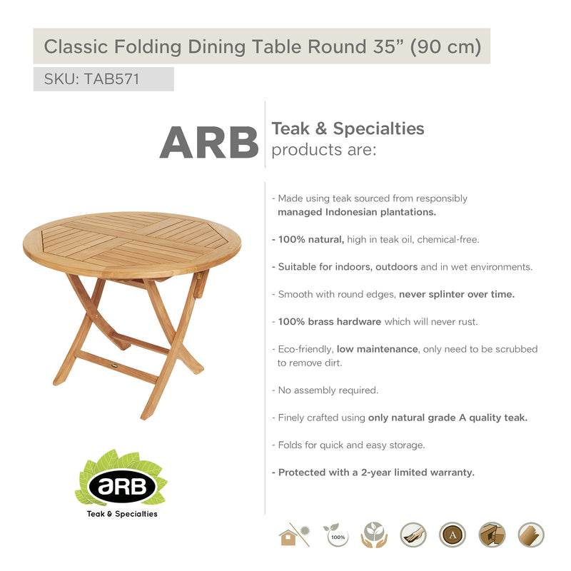 Teak Folding Classic Dining Table - Round 36" (90 cm)