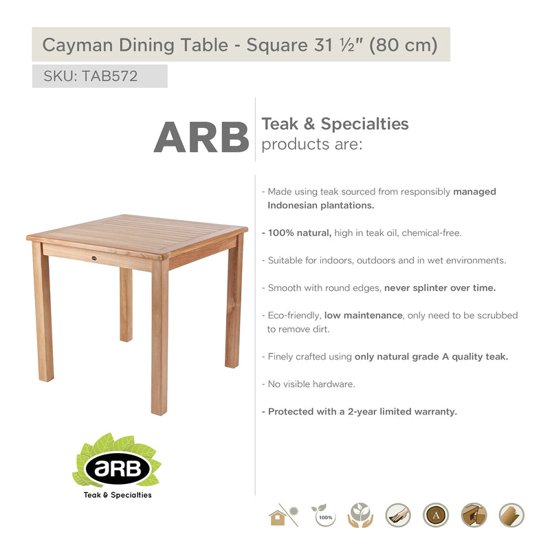 Table en teck carrée Cayman 80 cm (32 po)