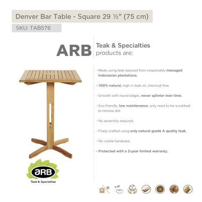 Table haute bar carrée en teck Denver 75 cm (30 po)