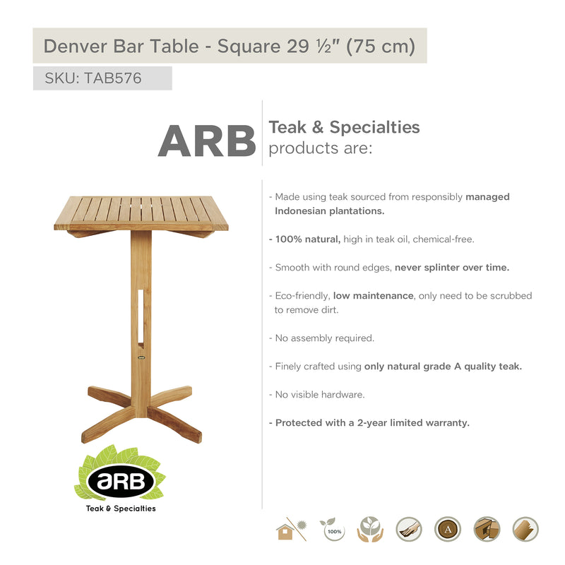 Table haute bar carrée en teck Denver 75 cm (30 po)