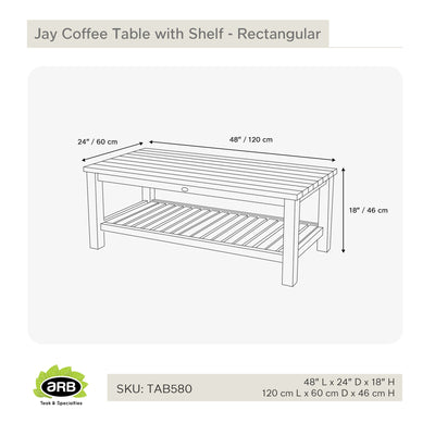 Table basse en teck avec tablette Jay - rectangulaire 120 x 60 cm (48 x 24 po)