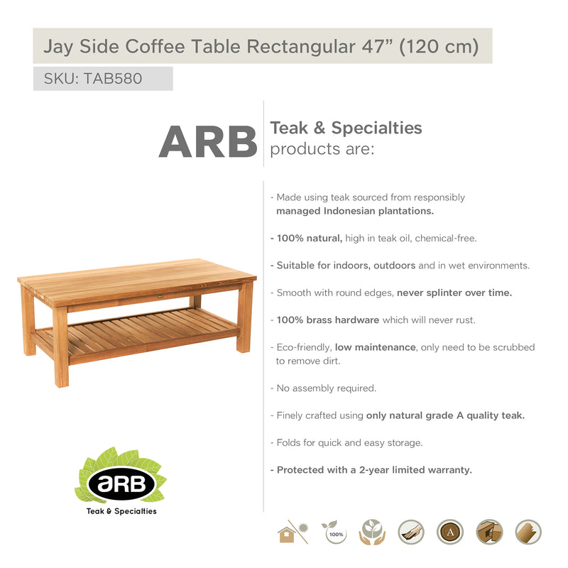 Table basse en teck avec tablette Jay - rectangulaire 120 x 60 cm (48 x 24 po)