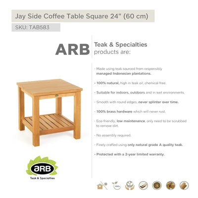 Table d'appoint en teck avec tablette Jay - carrée 60 cm (24 po)