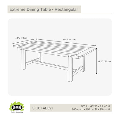Teak Dining Table Extreme - Rectangular 95 x 43" (240 x 110 cm)