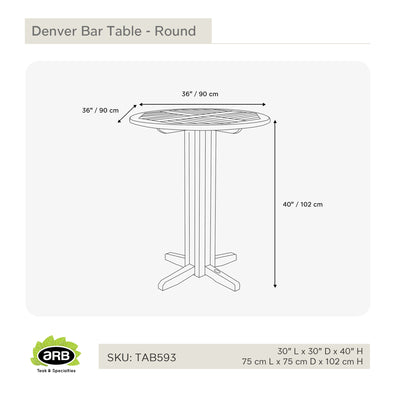 Table haute bar ronde en teck Denver 90 cm (36 po)