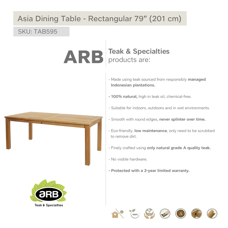 Teak Dining Table Asia - Rectangular 79 x 40" (200 x 100 cm)