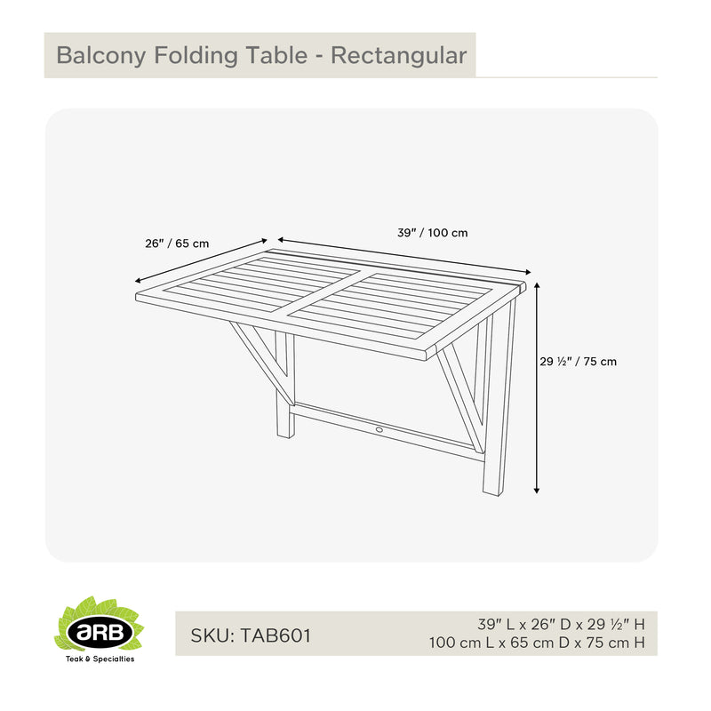 Table de balcon pliante en teck rectangulaire 100 x 65 cm (40 x 26 po)