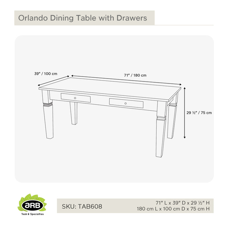 Table en teck massif avec tiroirs Orlando 180 x 100 cm (71 x 40 po)