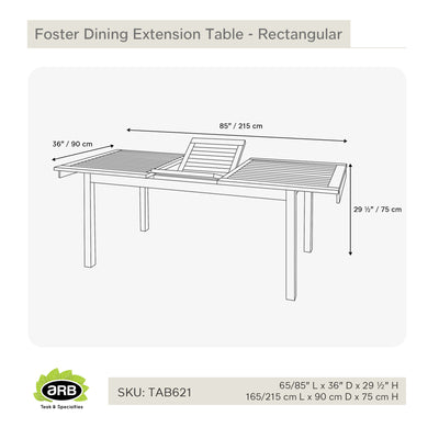 Table en teck  Foster avec extension rectangulaire 165/215 x 90 cm (65/52 x 36 po)