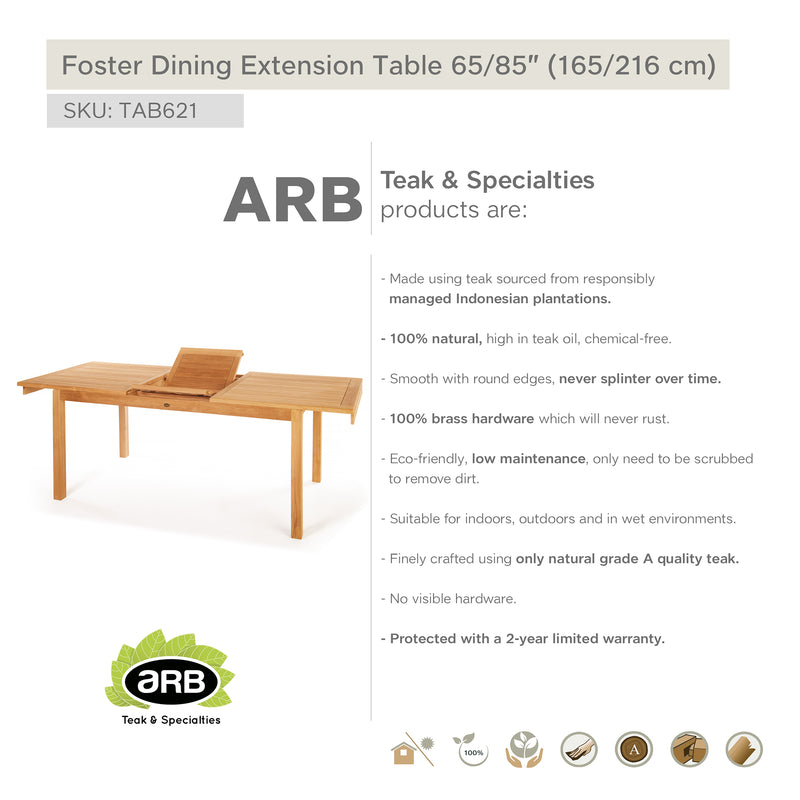 Teak Dining Extension Table Foster - Rectangular 65/85 x 36" (165/215 x 90 cm)
