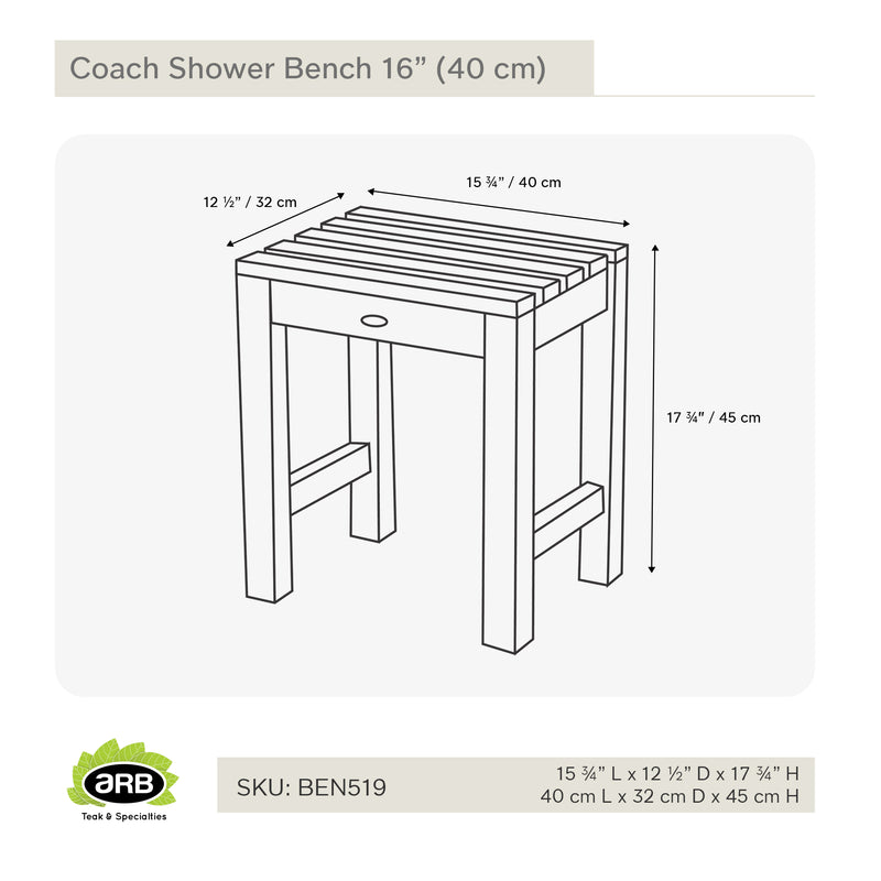Teak Shower Bench Coach 16" (40 cm)