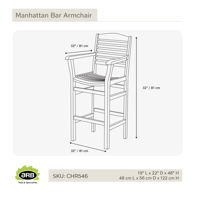 Chaise haute bar avec bras en teck Manhattan