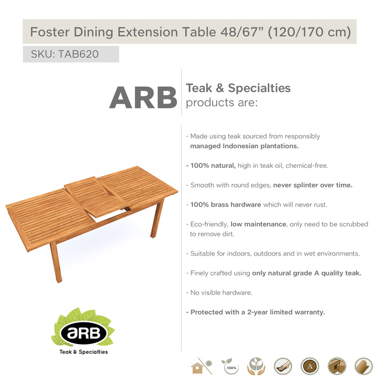 Table en teck  Foster avec extension rectangulaire 120/170 x 90 cm (48/67 x 36 po)